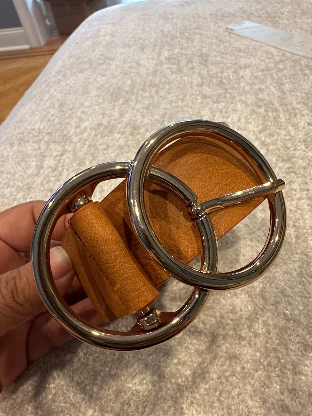 Women's Tan Leather Double-Ring Belt with Silver Buckle NWOT